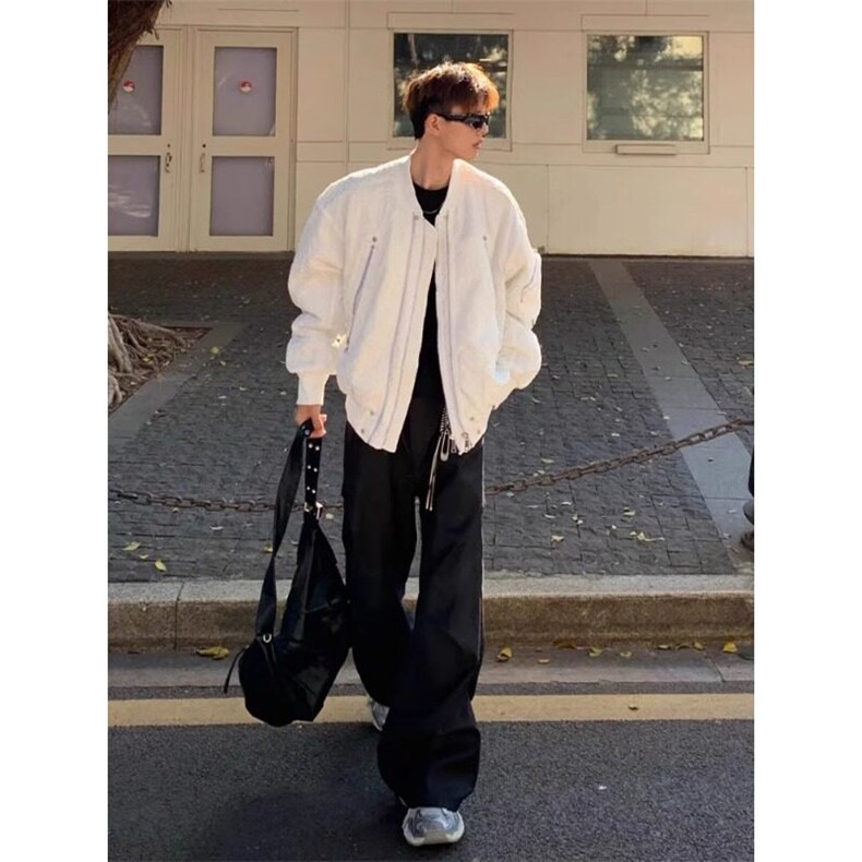 【有货】白色双拉链立领棉衣外套褶皱棒球服棉服MY5014特P103,男装棉衣,星座908-1
