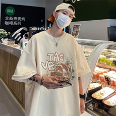 港风23新款夏季时尚百搭圆领卡通印花复古短袖T恤T61107P25控38，男装T恤，电商A268A