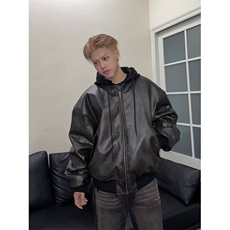 美式荔枝皮革可拆卸连帽高级感pu皮外套310A-4-B966-P101，男装夹克，星座310A-4