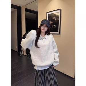 灰色polo领长袖针织衫毛衣女秋冬季宽松内搭打底衫上衣MMY15图片
