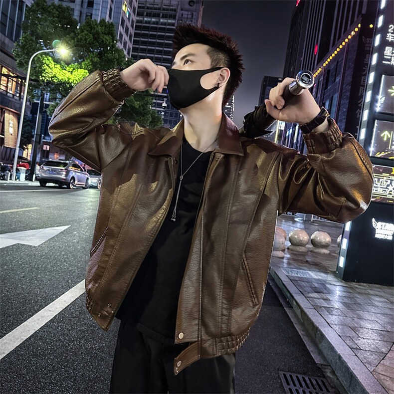 皮衣外套男翻领纯色宽松休闲皮夹克P810-P148,男装夹克,电商A368