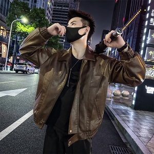 皮衣外套男翻领纯色宽松休闲皮夹克  P810-P148图片