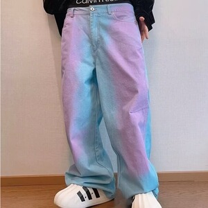 水蓝色喷漆做旧彩虹撞色直筒裤休闲裤男潮牌炸街牛仔破洞NZ33/P55图片