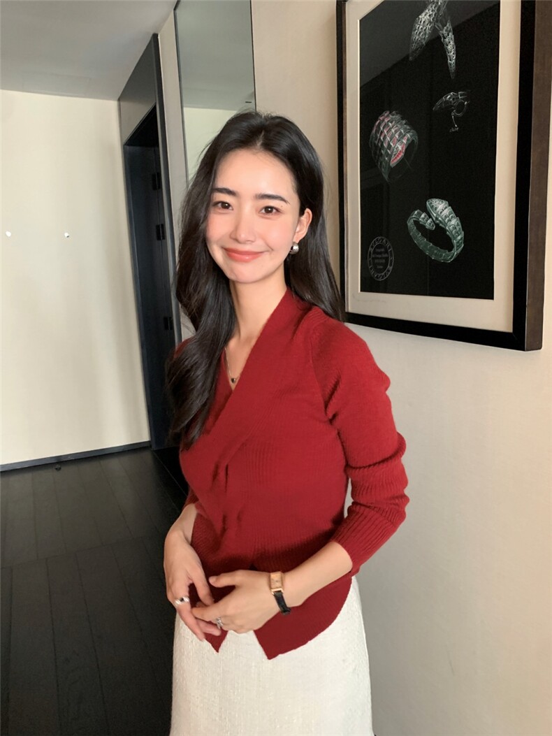 秋冬新款v领衫女修身套头毛衣保暖上衣针织衫打底,针织衫/毛衣,玛卡隆羊绒