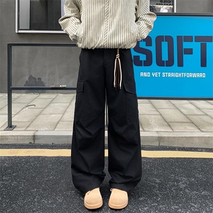 美式机能工装裤子男生春秋季多口袋拼接潮牌宽松直筒阔腿运动长裤图片
