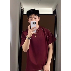 抖音得物二开240克宽松纯棉美式高街夜光反光工艺辑线短袖T恤图片