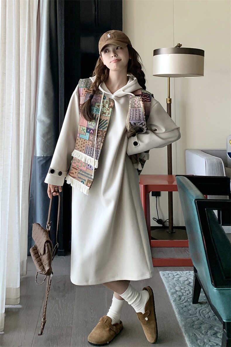 印花马甲宽松连帽卫衣裙女2025春秋季新款慵懒风休闲连衣裙两件套,女装卫衣/绒衫,2C305