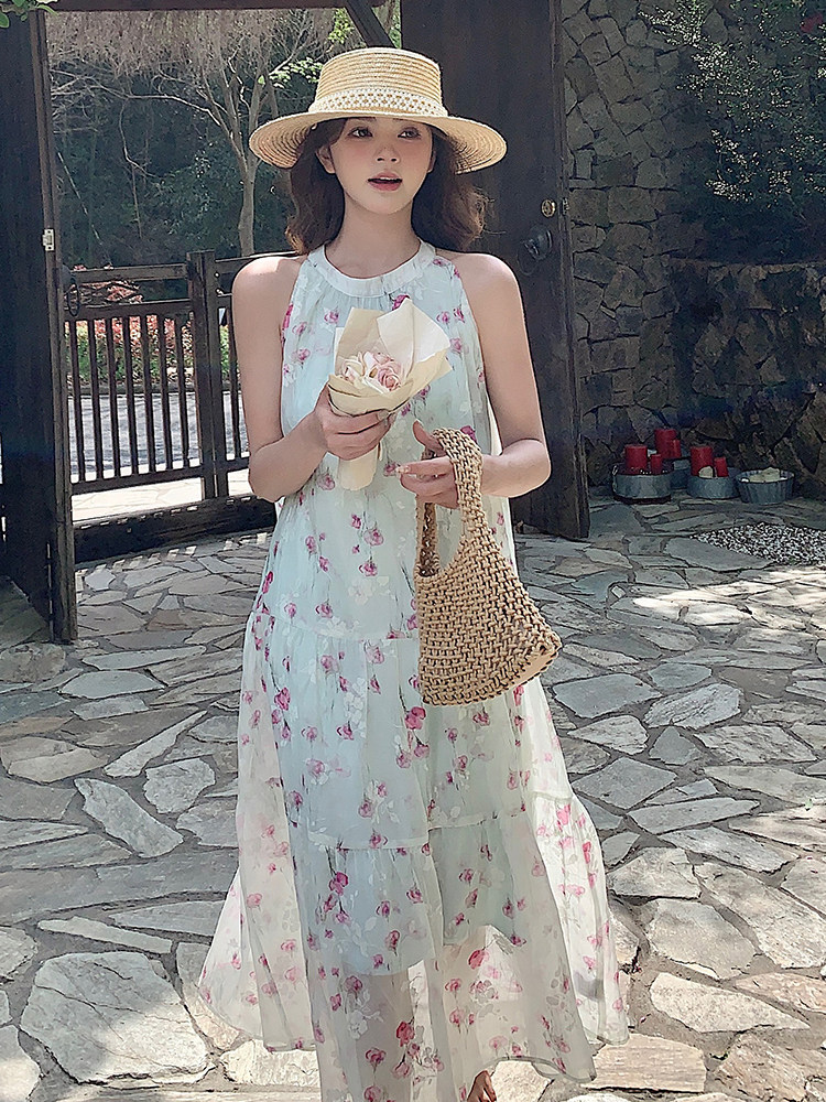 高级感海边度假扎染印花无袖露肩挂脖长裙女夏新款温柔茶歇连衣裙,女装连衣裙,浙宝305
