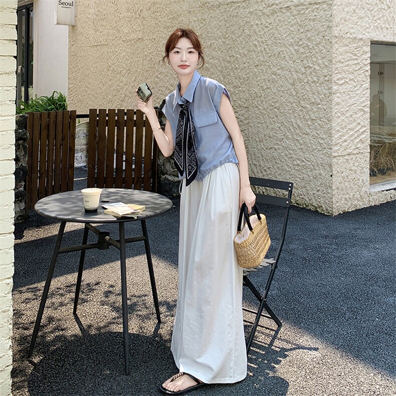 蓝色无袖背心上衣阔腿裤套装女2025年夏季新款时尚独特穿搭一整套,女装套装/套裙,2D078