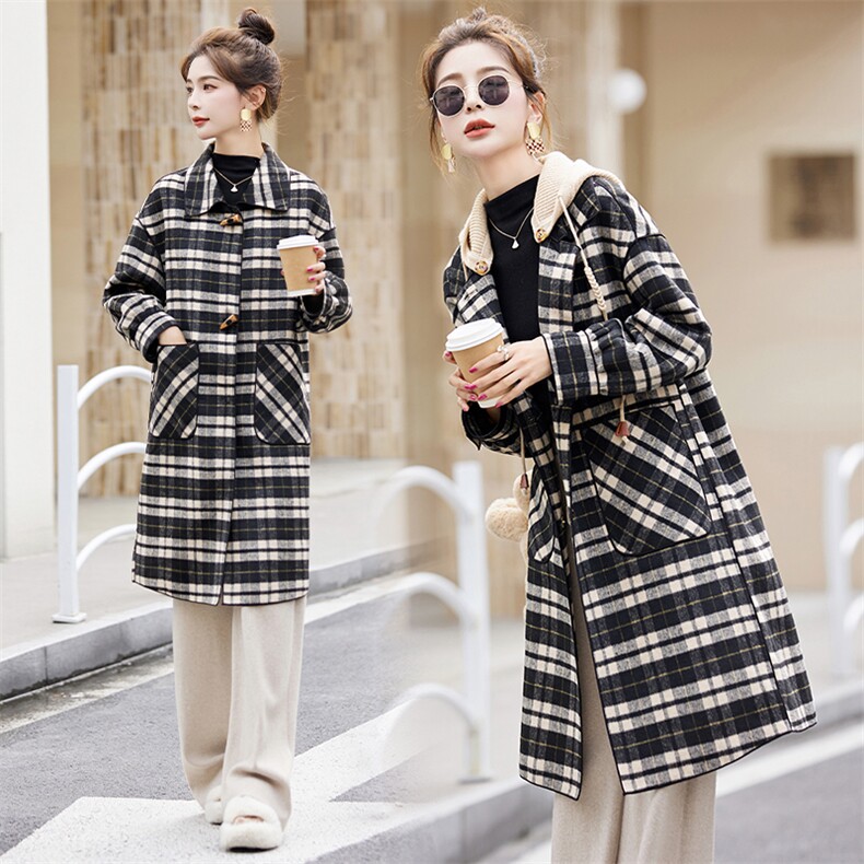 现货手工缝制冬季保暖新款时尚舒适帽子可拆卸长款双面呢大衣活帽，女装双面呢大衣，丽美静依