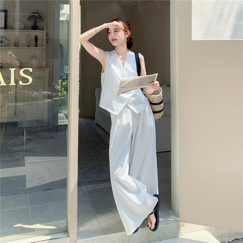 韩系百搭白色套装女2025夏季新款慵懒风宽松阔腿裤无袖马甲两件套图片