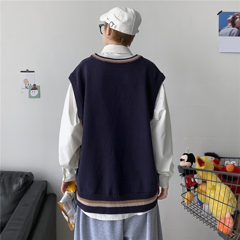 21秋冬 港风针织开衫V领毛衣马甲背心情侣JKDK学院风制服 W09/P55图片