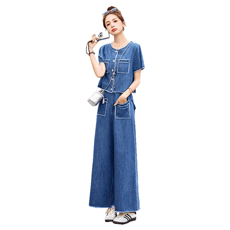 牛仔套装2025年夏季时尚气质休闲短袖上衣外套+阔腿长裤两件套女,女装套装/套裙,关键词