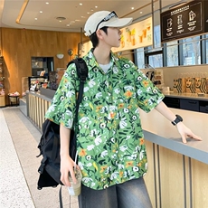 油画复古巴满印花衬衫男潮流港风高弹情侣短袖慵懒衬衣男C649，男装衬衫，星座1116A-1（原606A）