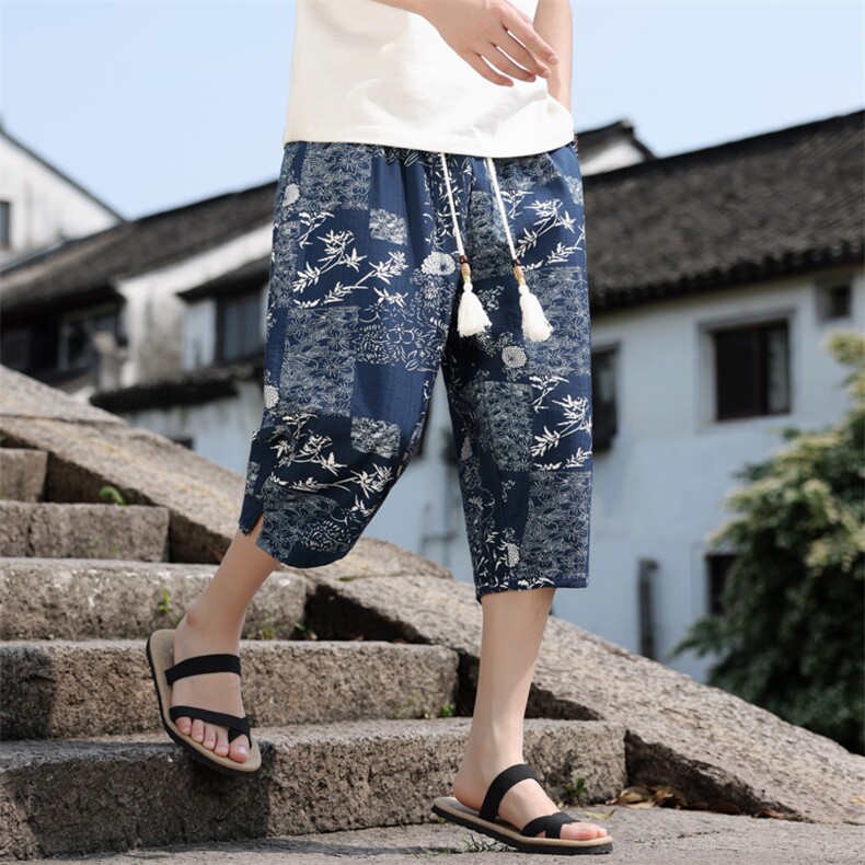 棉麻薄款七分裤男水墨印花风休闲裤宽松小脚A266-1-KZ772-P50图片