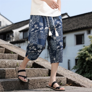 棉麻薄款七分裤男水墨印花风休闲裤宽松小脚A266-1-KZ772-P50图片