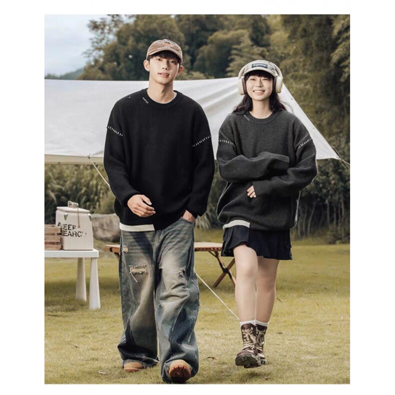 网图现货秋季明线拼色圆领针织衫情侣宽松保暖毛线衣服RM05-P60,男装针织衫/毛衣,星座1005-4