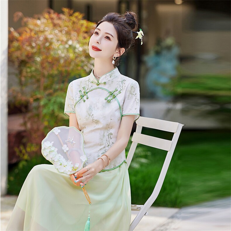 2024夏装新款时尚气质修身中式俩件套套装连衣裙民族风,女装套装/套裙,悦祺