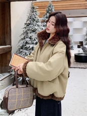 羽绒服女2025冬季新款女装卡其色皮毛一体拼接派克服加厚保暖外套，女装羽绒服，慧尚2-185