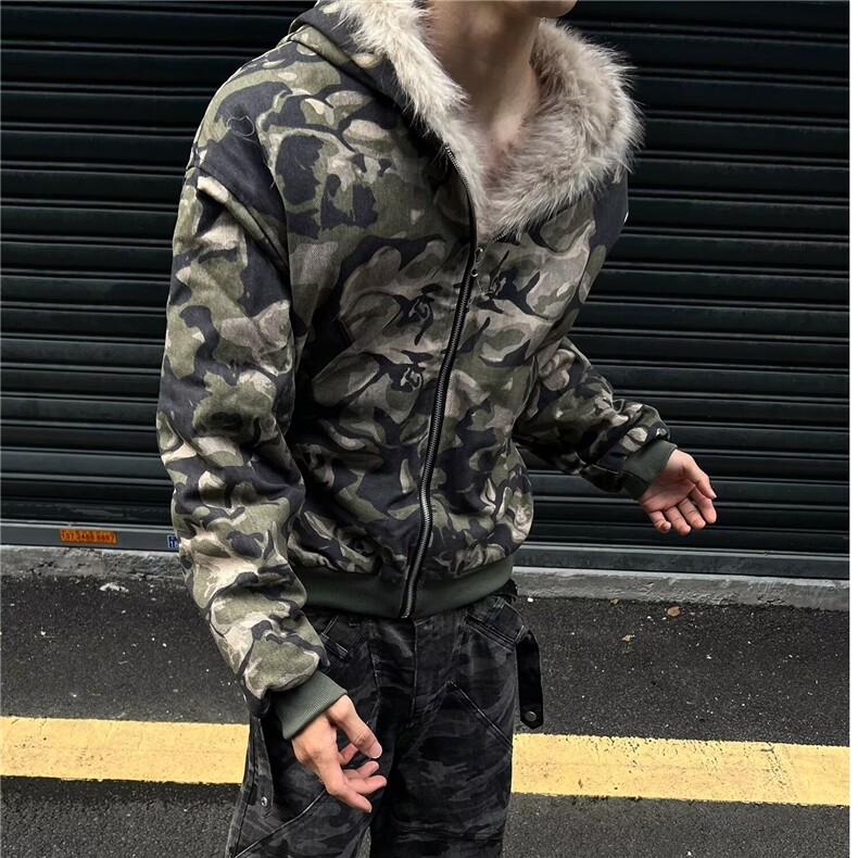 【有货】DF2219-P113美式高街迷彩毛领连帽棉服男女冬季宽松外套,男装棉衣,星座603-2