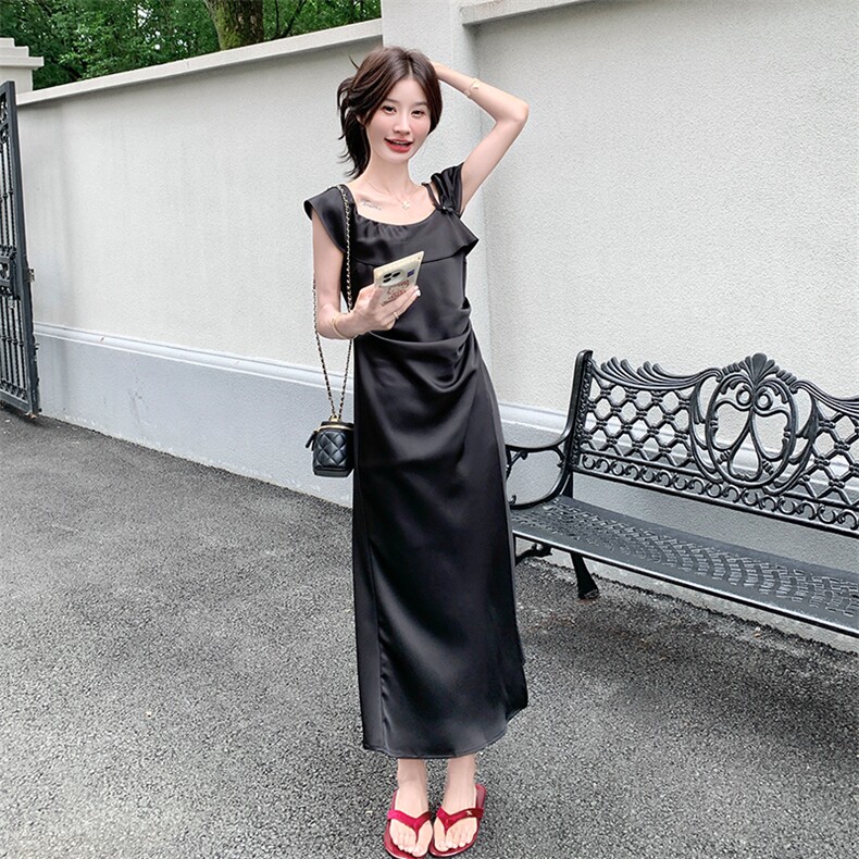 黑色一字肩连衣裙女2025夏季新款法式独特高级感气质显瘦开叉长裙,女装连衣裙,2D034