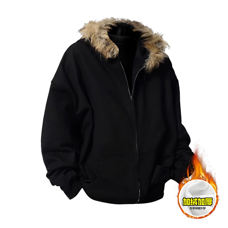 480G重磅加绒硬挺boxy秋冬美式高街超大毛领座山雕连帽卫衣厚外套，女装短外套，电商A486