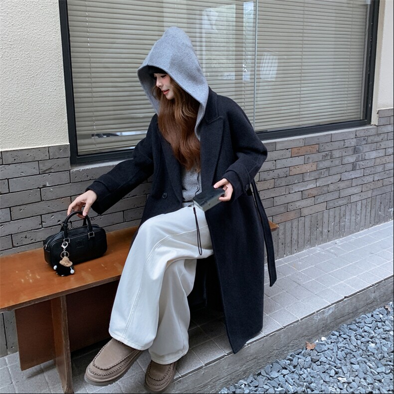 现货新款女装韩范中长款过膝双面羊绒大衣黑灰色高端毛呢连帽,女装毛呢外套,韩然一族