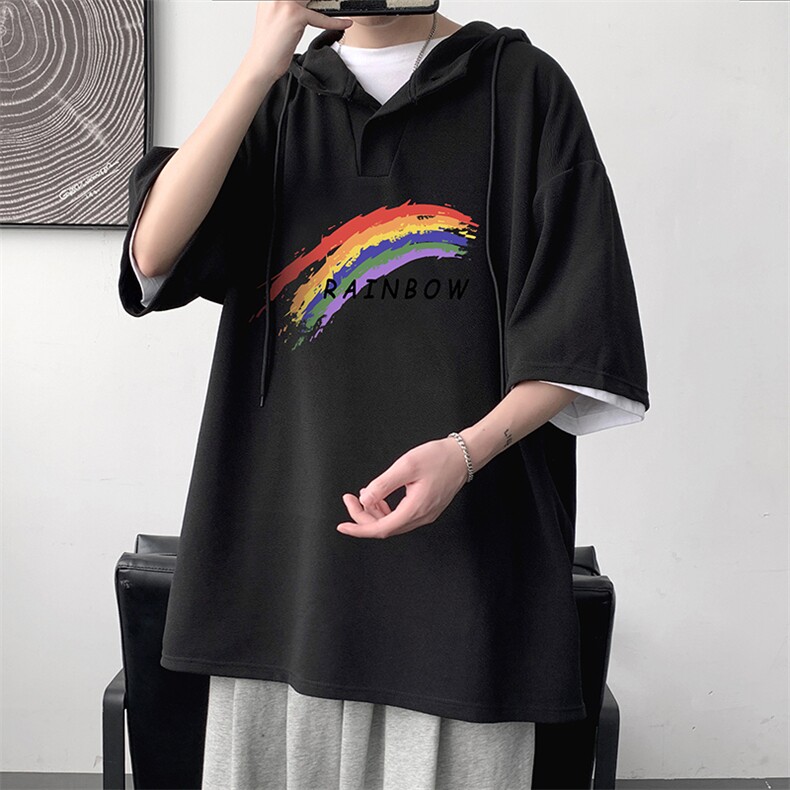 LD54064-P45 连帽短袖t恤男大码胖子带帽五分袖中袖 大皂风图片