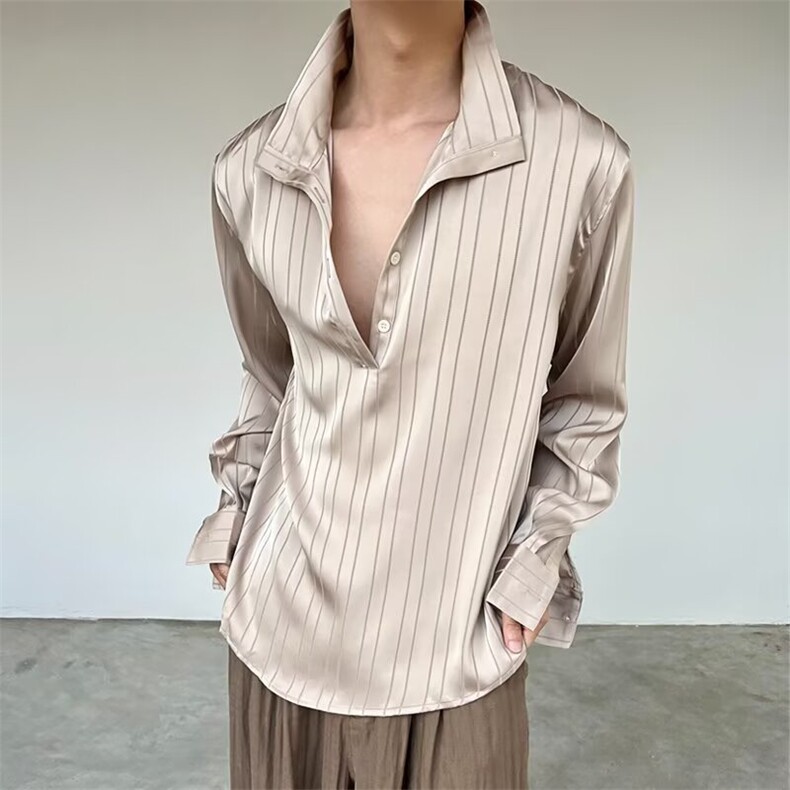 AC07-P48韩版高级感洋气休闲宽松慵懒风百搭长袖polo领叠穿条纹,男装T恤,电商B323A