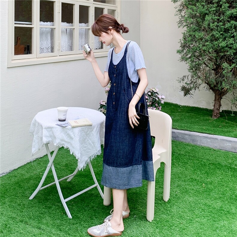 俏皮减龄撞色淡人牛仔背带裙套装女2025夏季减龄百搭款T恤两件套,女装套装/套裙,2B237