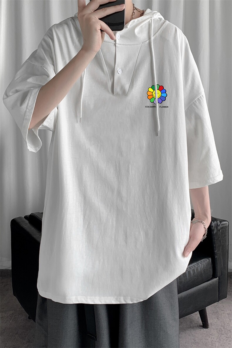 LD54101-P45连帽短袖t恤男大码胖子带帽五分袖中袖,男装T恤,电商A040