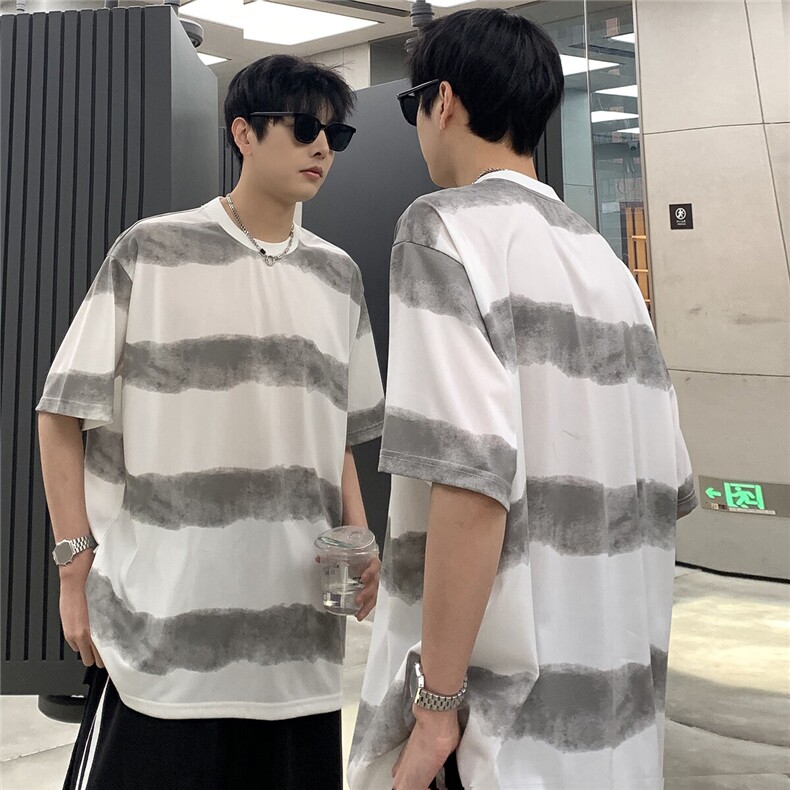 扎染条纹短袖T恤男夏季美式复古宽松圆领休闲情侣上衣T702-P28,男装T恤,电商C307A