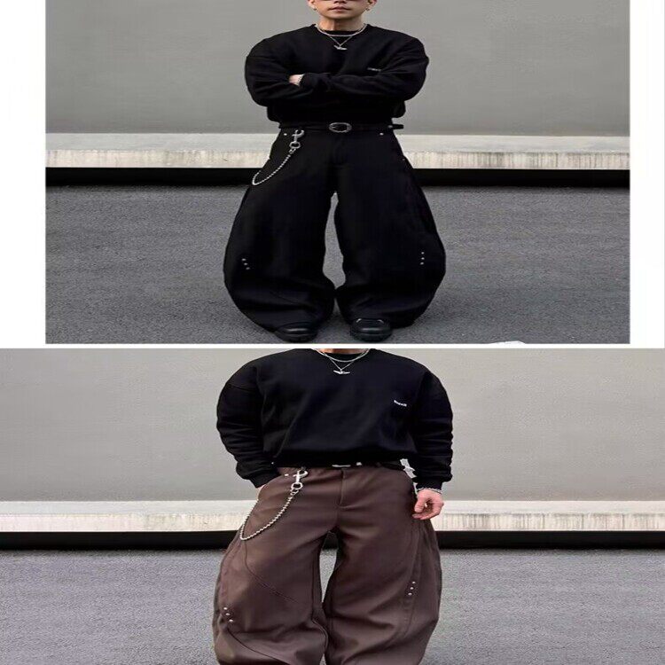 秋季小众暗黑潮牌金属链条装饰休闲裤男直筒宽松痞帅长裤潮高街,男装休闲裤,星座218-8