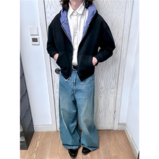 双面穿蓝格纹开衫连帽卫衣男女短宽版型休闲百搭外套WYW32-P58，女装短外套，星座208-5