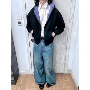 双面穿蓝格纹开衫连帽卫衣男女短宽版型休闲百搭外套WYW32-P58图片