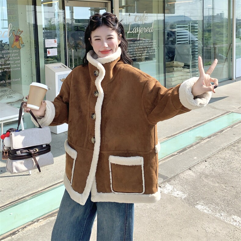 减龄两面穿咖色皮毛一体外套女冬季2025新款羊羔毛小个子加厚棉服,女装羊羔毛/颗粒绒,秀美人生