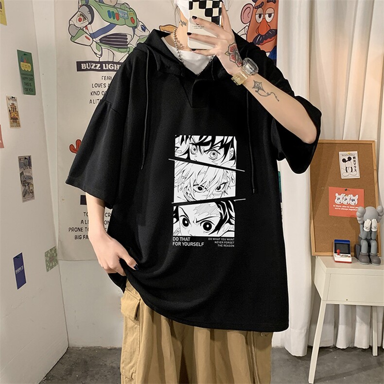 LD54176-P45连帽短袖t恤男大码胖子带帽五分袖中袖海报风,男装T恤,电商A040