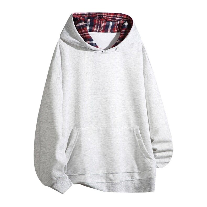 抖音得物高品质美式高街重磅结构设计假两件格子连帽卫衣外套W106，男装卫衣，电商A486