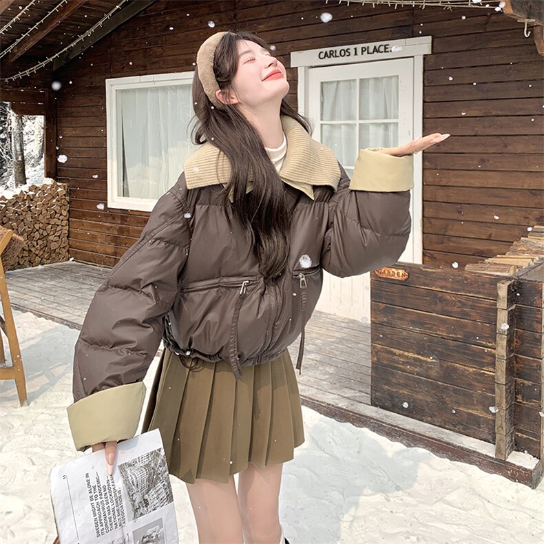 超好看咖色针织领短款羽绒服女冬2024新款加厚90白鸭绒面包服外套,女装羽绒服,2C269