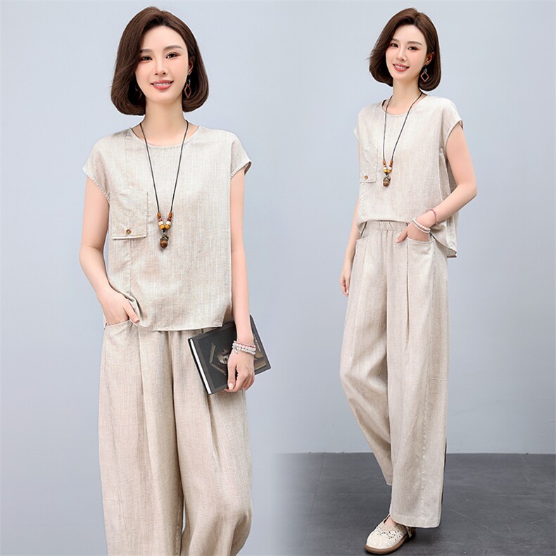 套装女夏季新款纯色天丝麻料休闲百搭简约大气两件套，女装套装/套裙，曼沙奕珂