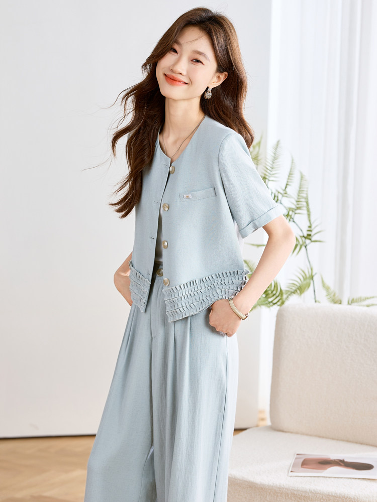 休闲通勤时尚套装女2025夏季新款木耳边圆领上衣阔腿长裤两件套,女装套装/套裙,辉之琳