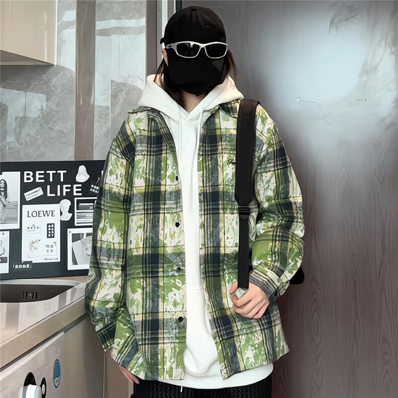 加厚泼墨扎染时尚格子男士长袖衬衫情侣休闲衬衣外套CS908-P48,男装衬衫,电商A006