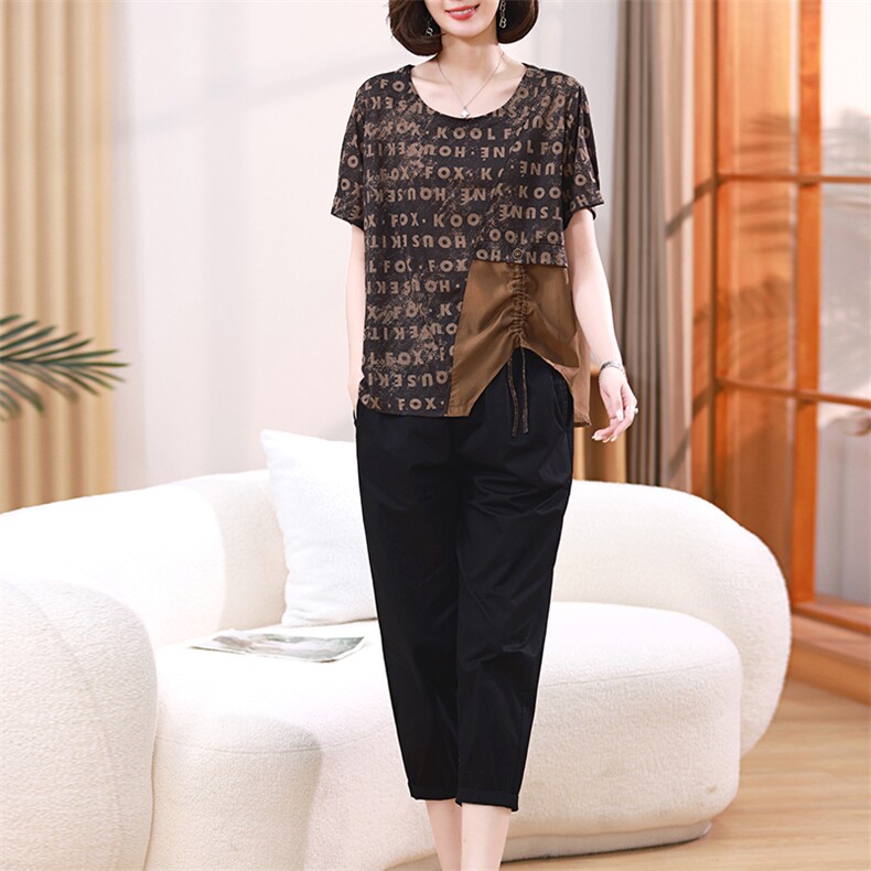 2023夏装新款字母抽绳大码短袖拼接两件套，女装套装/套裙，梦芯尔