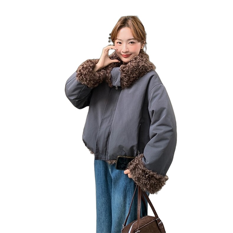 羊羔毛领灰色外套女冬2025超火好看高级小众加绒加厚短款派克棉服,女装派克服,2C012