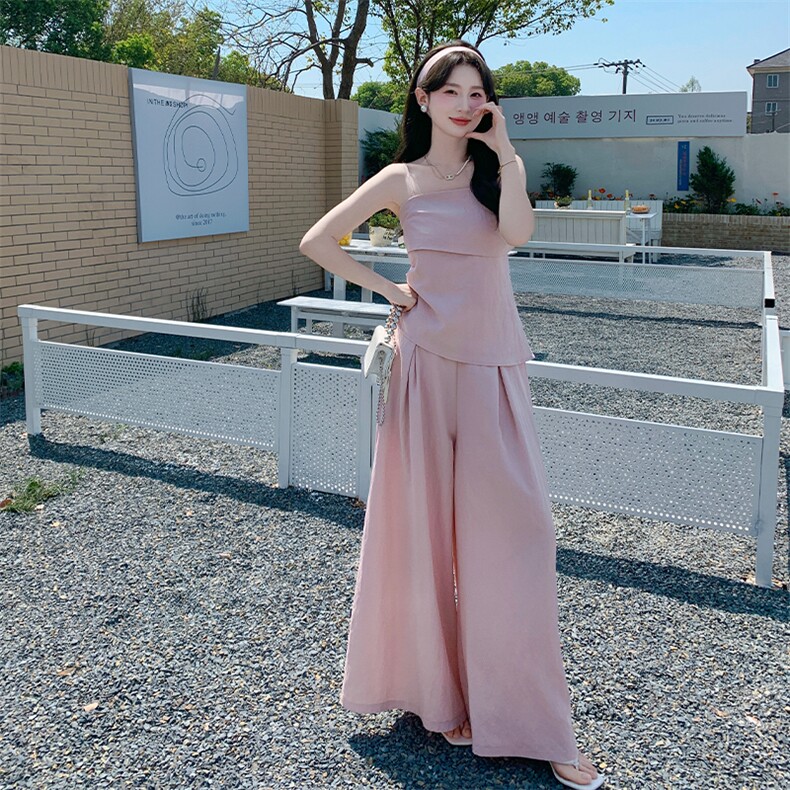 粉色法式简约甜美风吊带上衣套装女2025夏季新款高腰阔腿裤两件套图片
