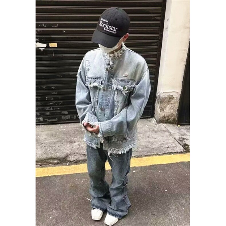水洗做旧流苏毛边牛仔夹克男女复古潮牌休闲情侣外套上衣J8896,男装工装外套,星座1116A（原606A-3）