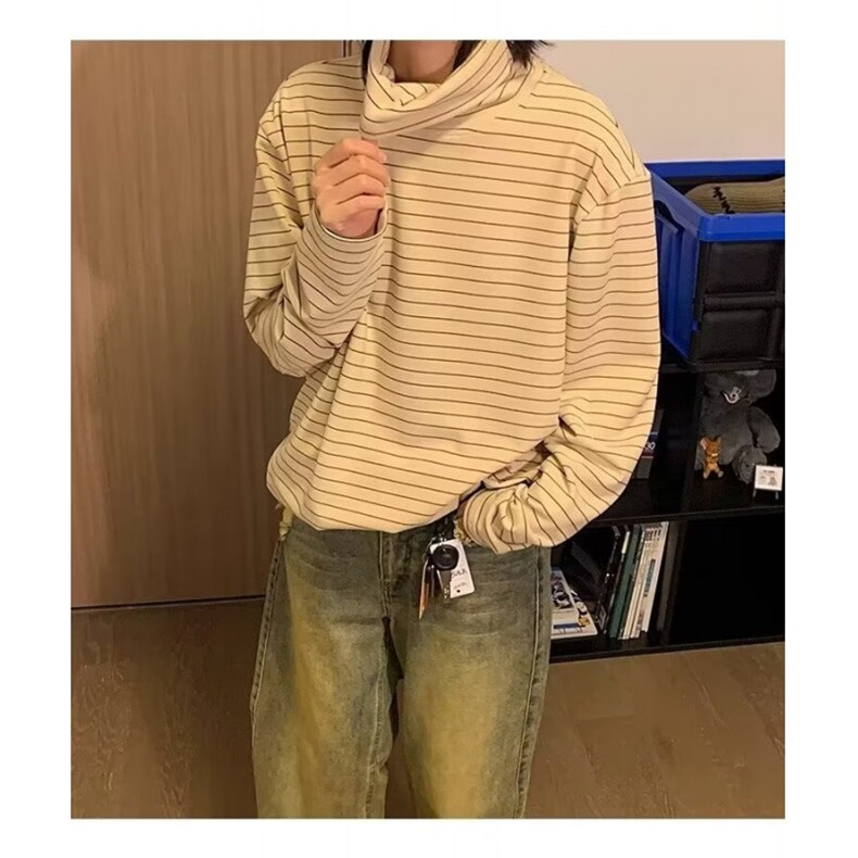 秋冬新款宽松半高领条纹长袖T恤宽松百搭显瘦内搭上衣打底衫,男装T恤,星座506A
