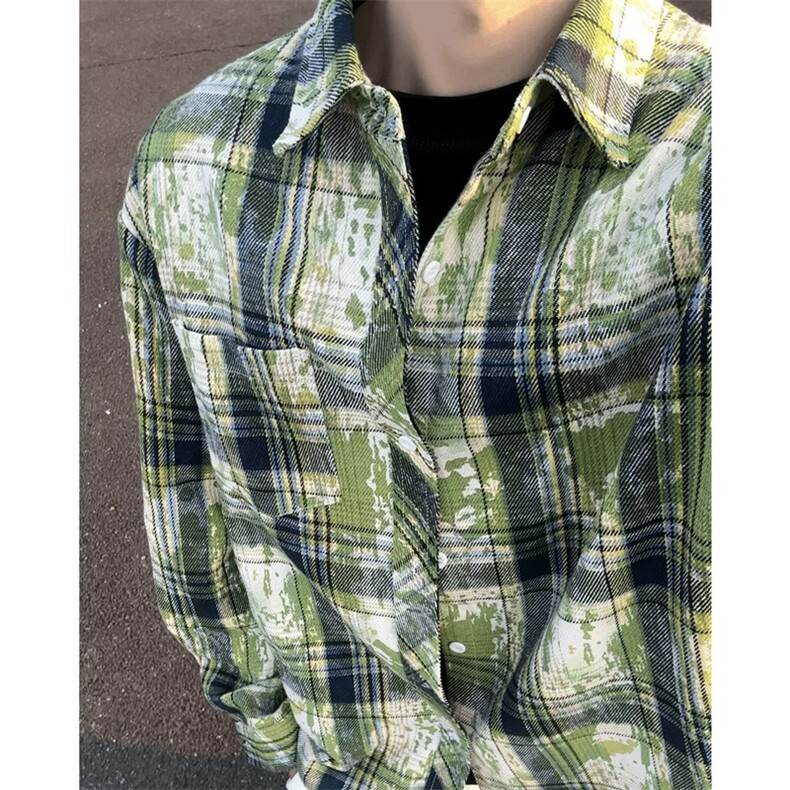 紫色美式扎染格子衬衫男高级感长袖格纹衬衣cleanfit潮牌情侣外套,男装衬衫,星座222-2（原202-8）