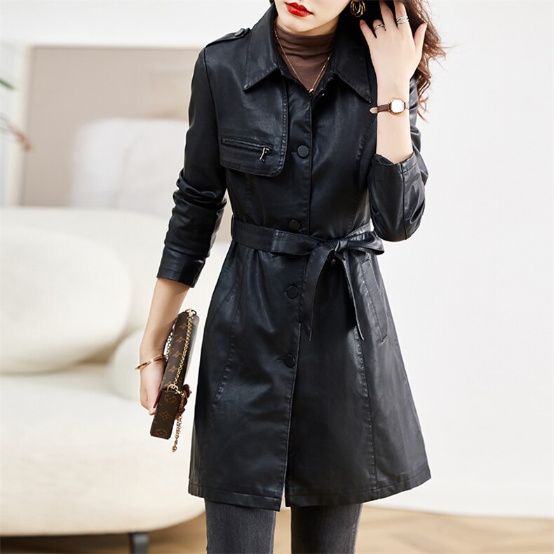 皮衣外套女春秋2023新款时尚潮流收腰气质修身显瘦长款皮衣风衣潮，女装皮衣，魅衣本色