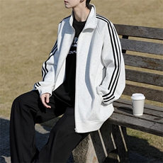 8XL-M三条杠运动卫衣特大码美式条纹立领夹克开衫外套JK5205/P65，男装夹克，电商B238